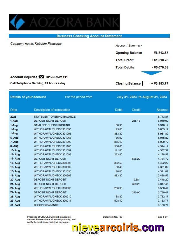 Aozora Bank organization checking account statement